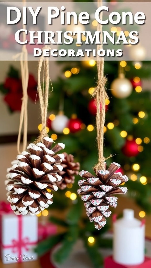 DIY pine cone Christmas decorations displayed with twine and glitter in a festive holiday setting.